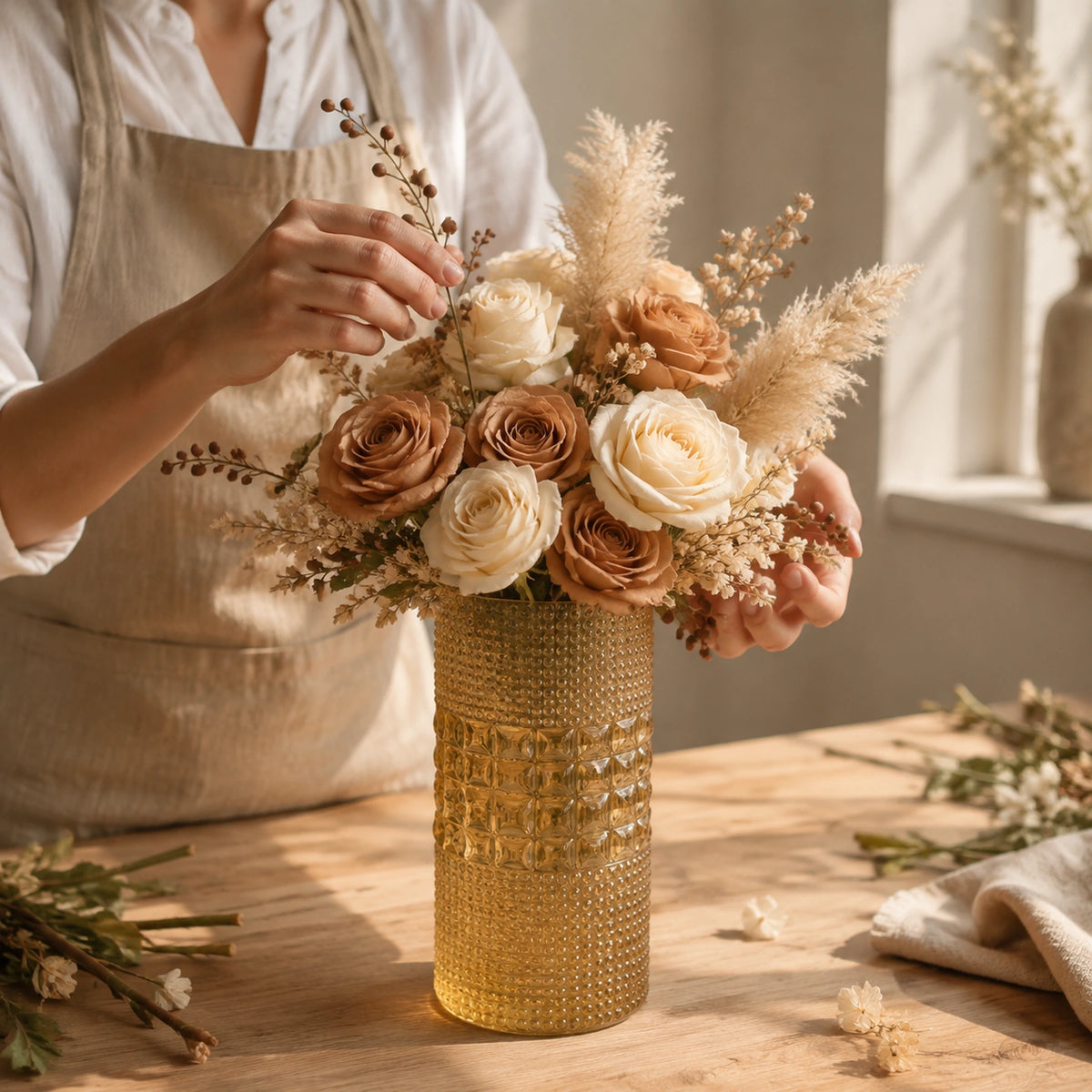 geometric textured glass cylinder vase premium contemporary artificial floral vessel lifestyle scene: florist arranging filled vessel