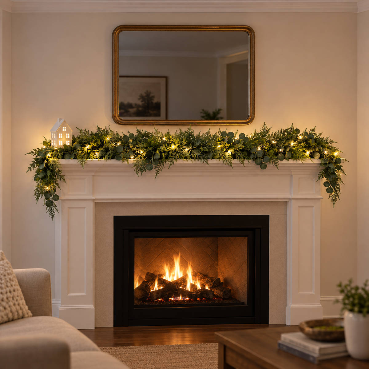 Pre-Lit Eucalyptus & Fern Garland — decorative scene — Christmas setting