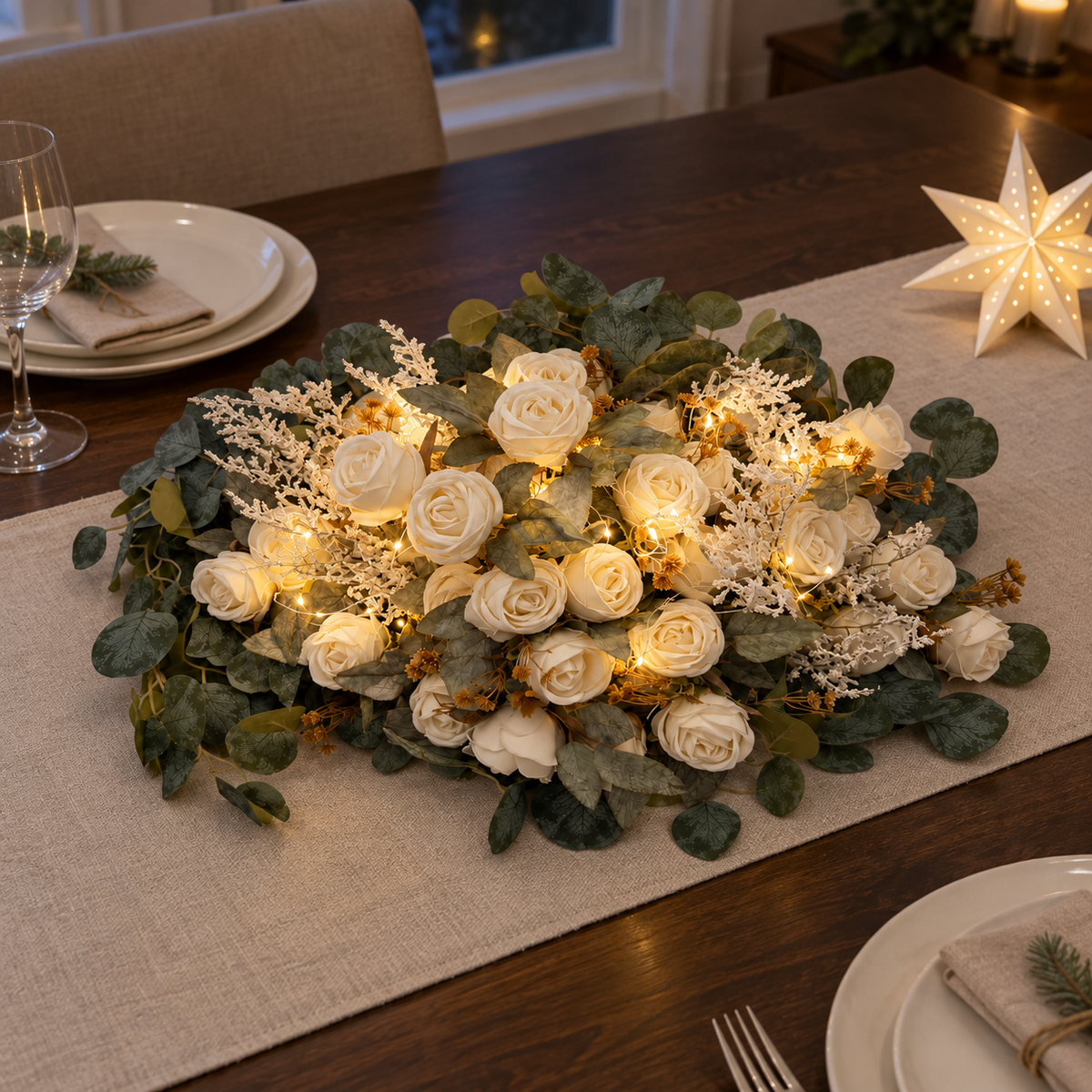 Pre-Lit Ivory Rose & Gold Accent Centerpiece — decorative scene — Christmas setting