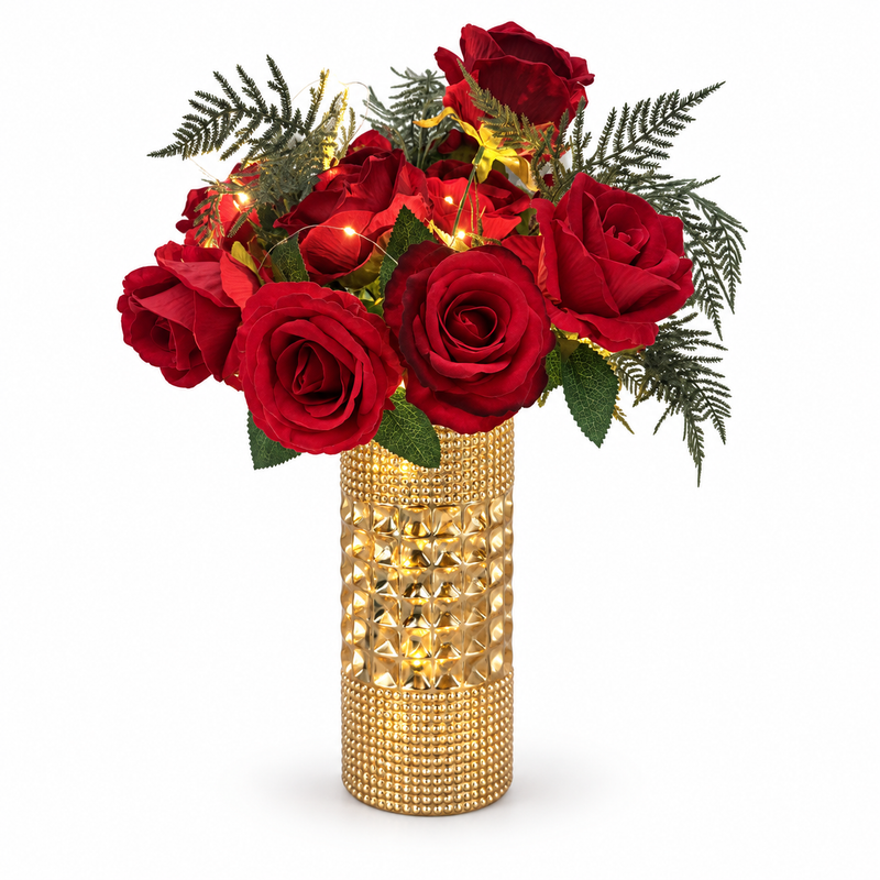 Pre-Lit Red Rose Arrangement in Gold Vase