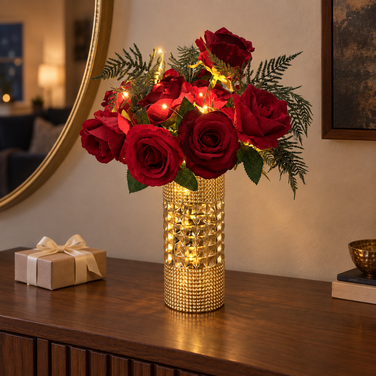 Pre-Lit Red Rose Arrangement in Gold Vase — decorative scene — Christmas setting
