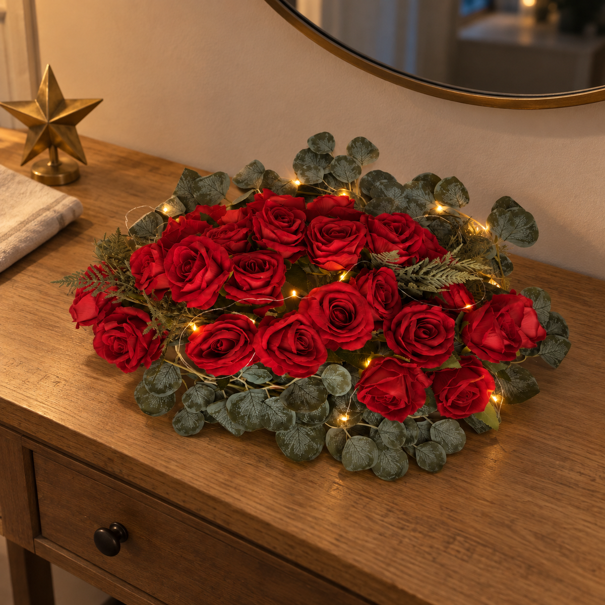 Pre-Lit Red Rose & Eucalyptus Centerpiece — decorative scene — Christmas setting