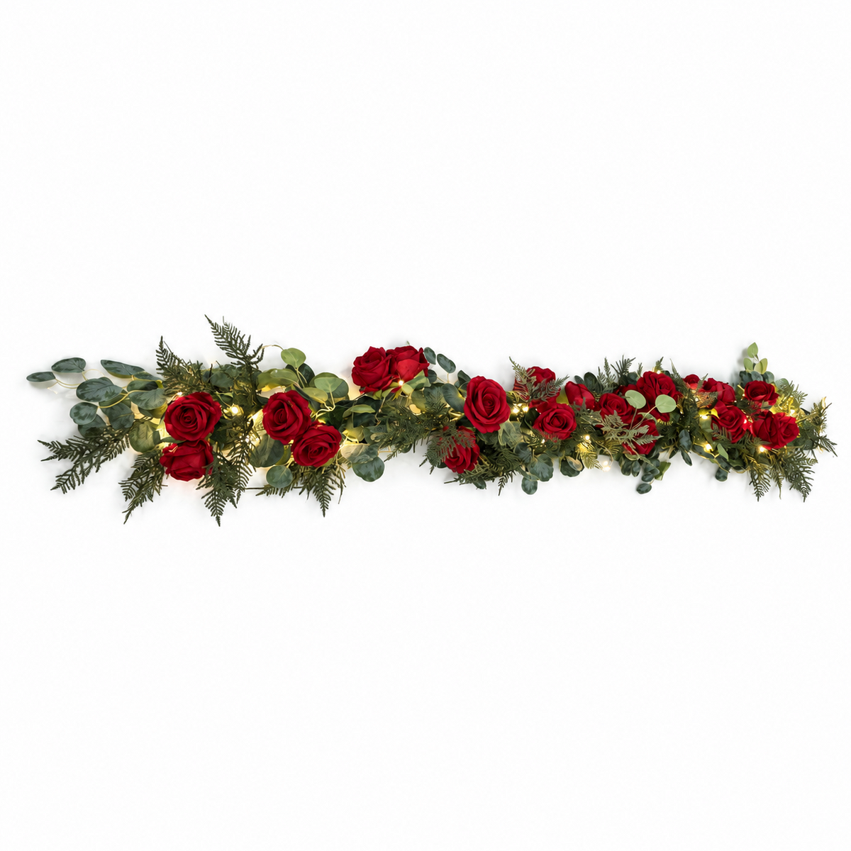 Pre-Lit Red Rose & Eucalyptus Garland