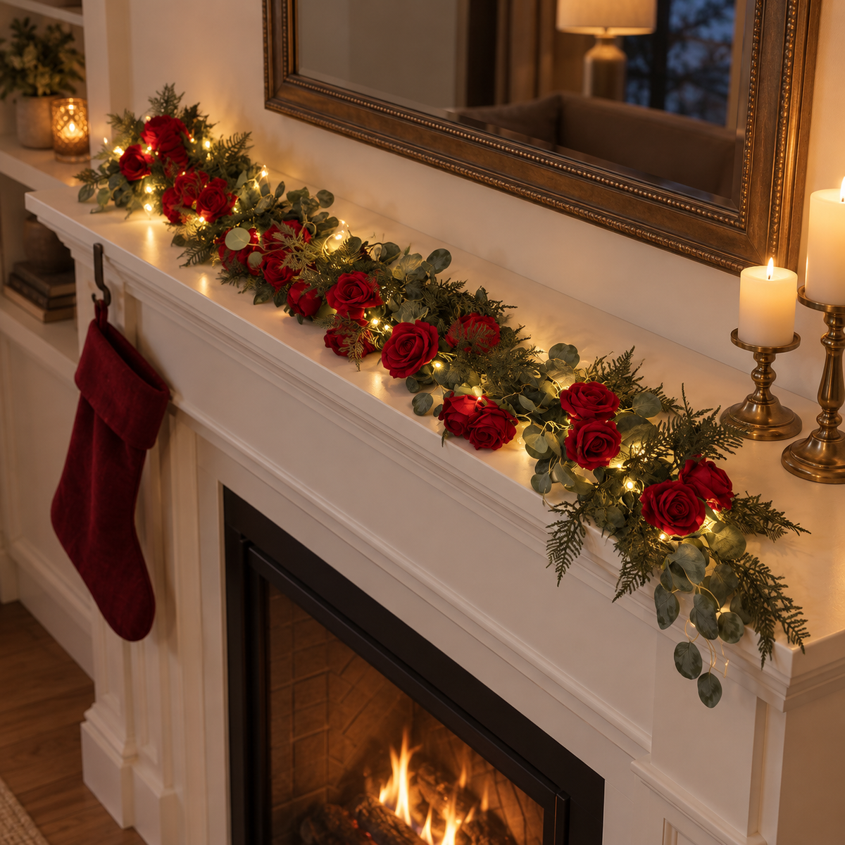 Pre-Lit Red Rose & Eucalyptus Garland — decorative scene — Christmas setting