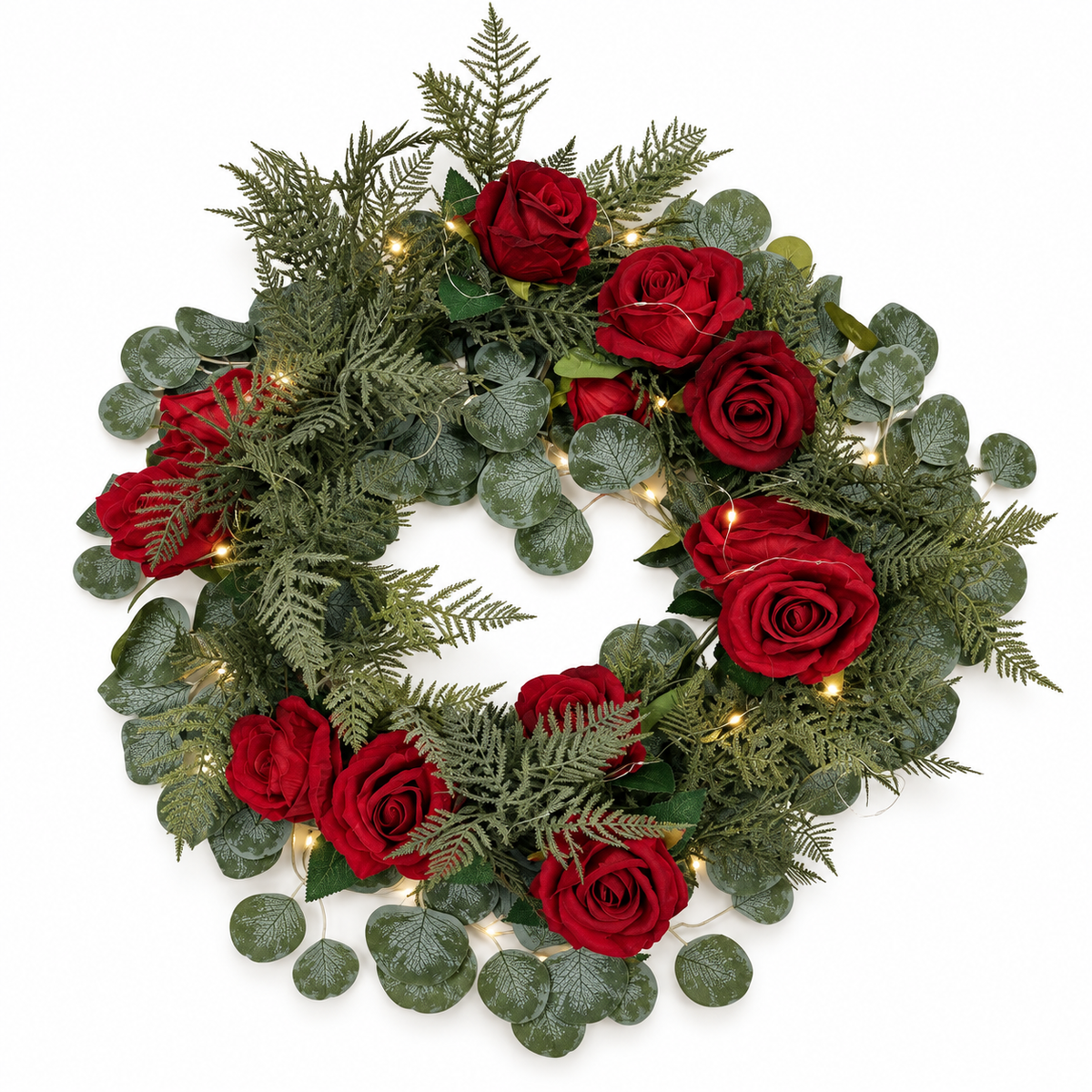 Pre-Lit Red Rose & Eucalyptus Wreath