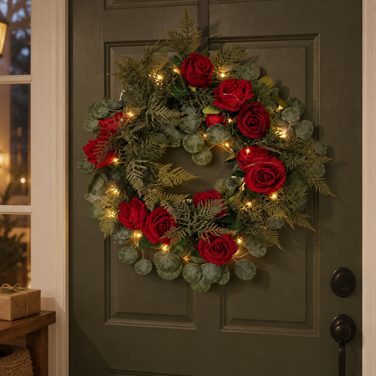 Pre-Lit Red Rose & Eucalyptus Wreath — decorative scene — Christmas setting