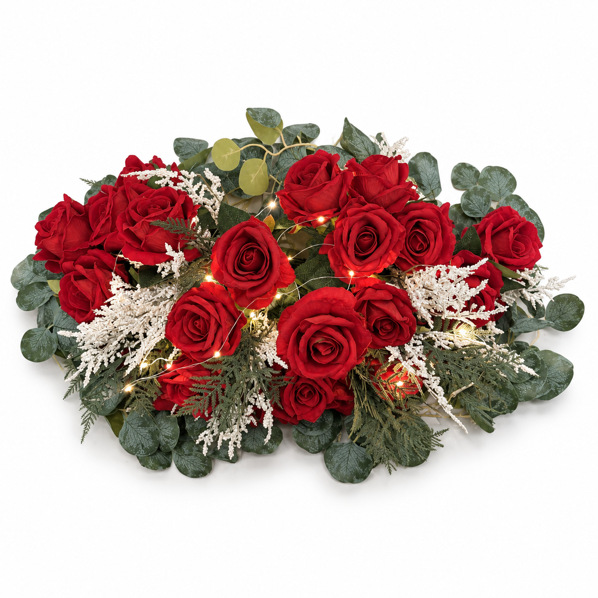 Pre-Lit Red Rose & Frosted Foliage Centerpiece