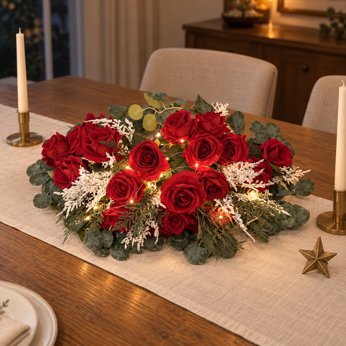 Pre-Lit Red Rose & Frosted Foliage Centerpiece — decorative scene — Christmas setting