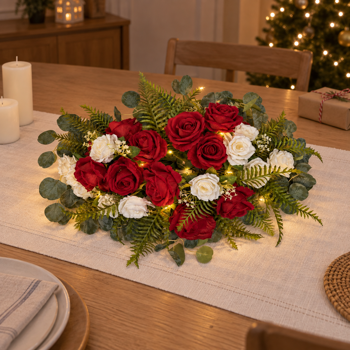 Pre-Lit Red & White Rose Centerpiece — decorative scene — Christmas setting
