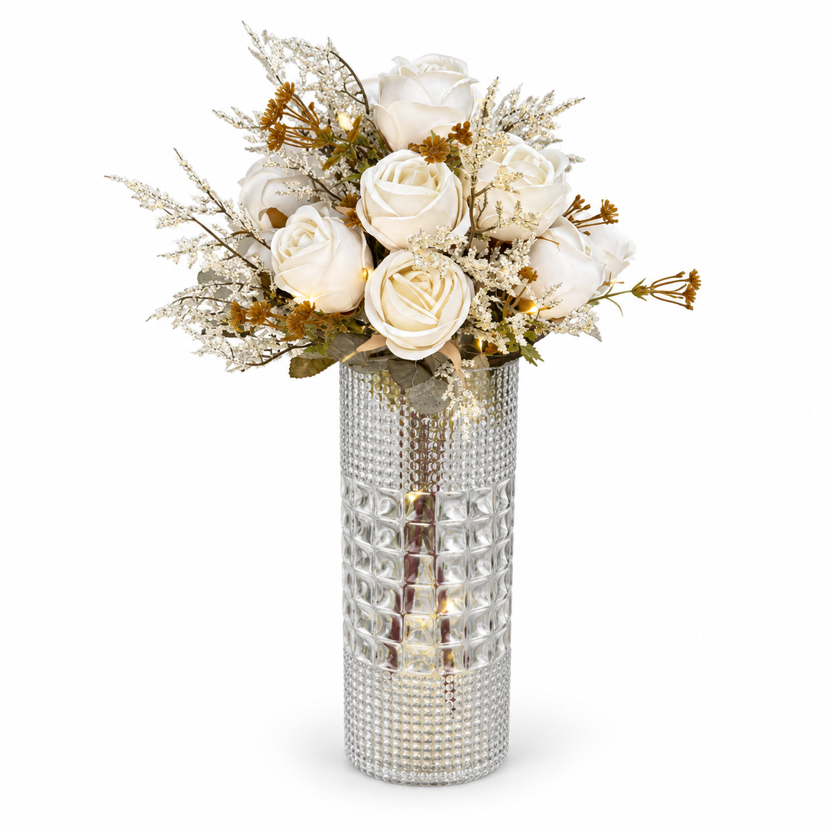 Pre-Lit White Rose Arrangement in Clear Glass Vase