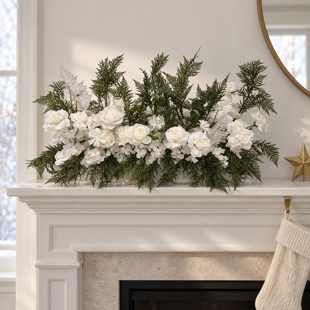 White Rose, Hydrangea & Fern Arrangement — decorative scene — Christmas setting
