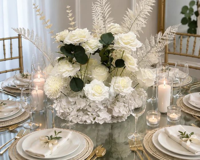 White rose and hydrangea centerpiece on a candlelit table