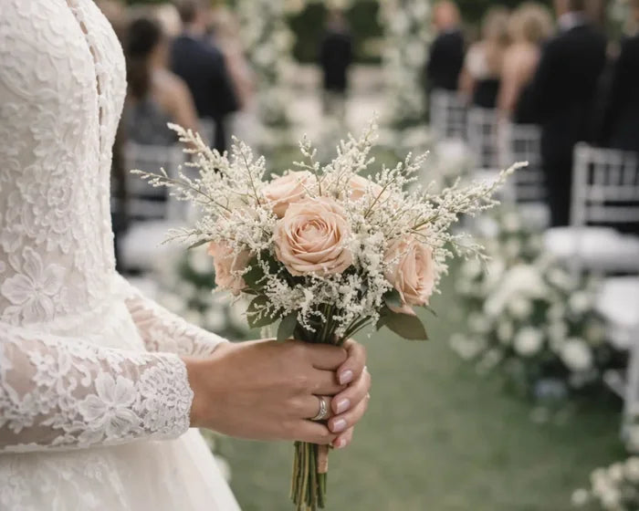 Blush rose bouquet held by a bride