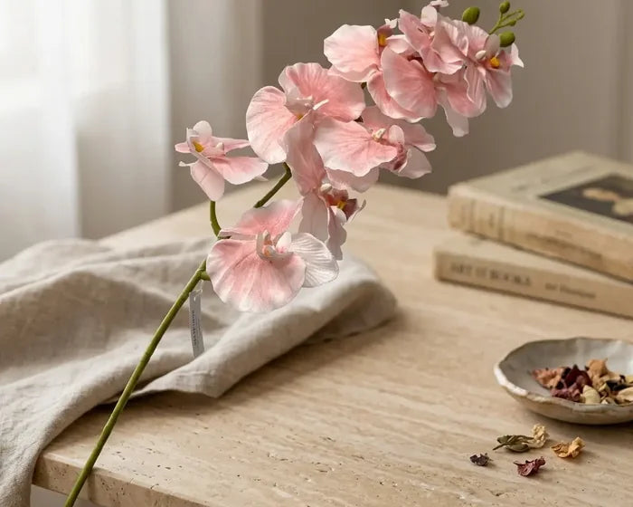 Pink orchid stems styled on a tabletop