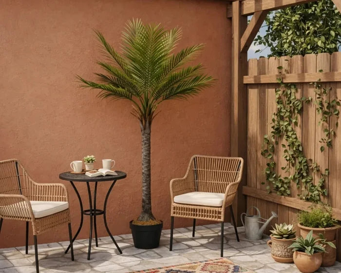 Potted palm on a terracotta patio