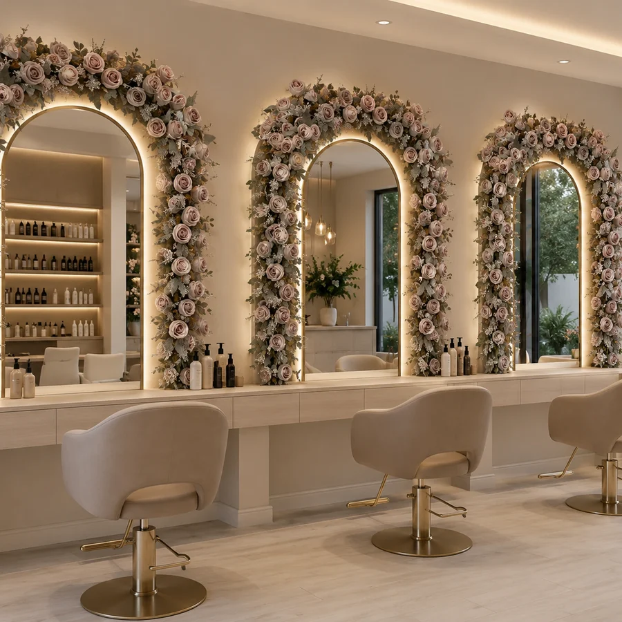 Blush rose garlands framing arched mirrors in a salon, styling chairs in front